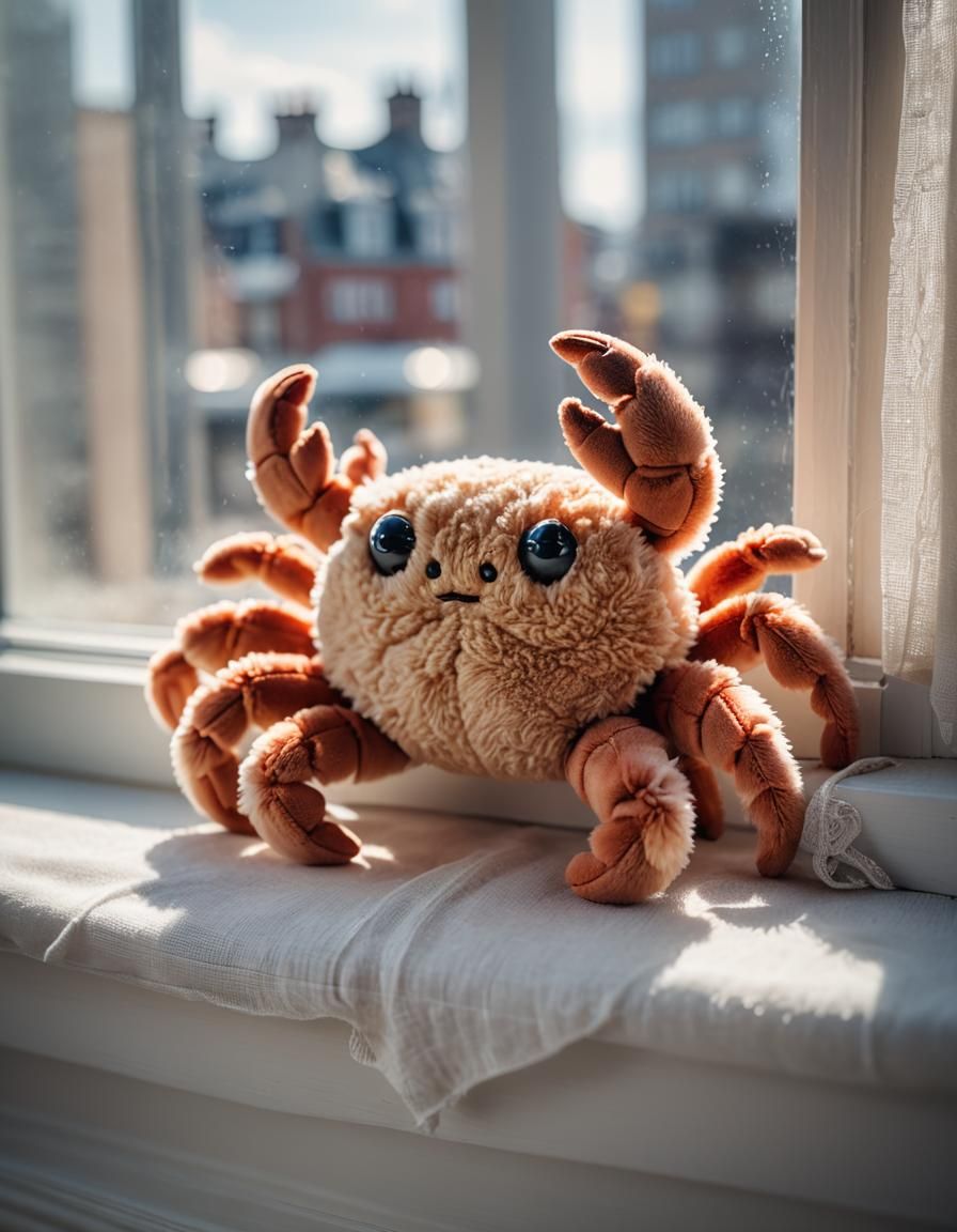Cute Furry Crab Plushie on Window Sill