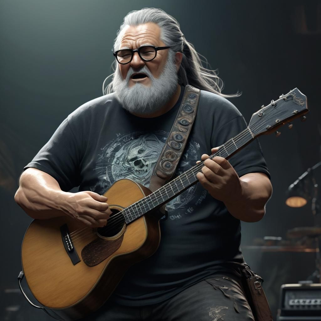 Old Man Singing with Guitar in Dark Fantasy Style