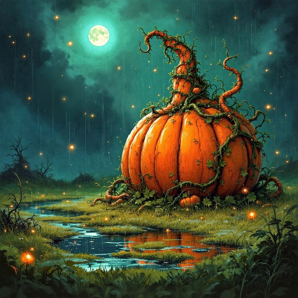 Neon Pumpkin in Vibrant Field Digital Art