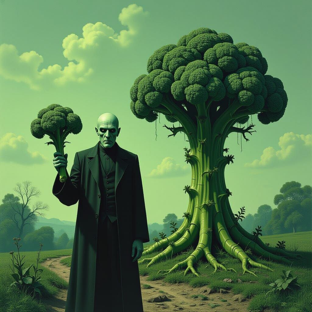 Unnaturally Tall Man with Broccoli in Surreal Landscape