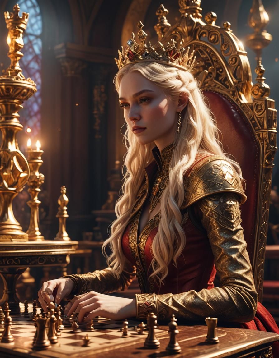 Fantasy Queen Plays Chess in Golden Light