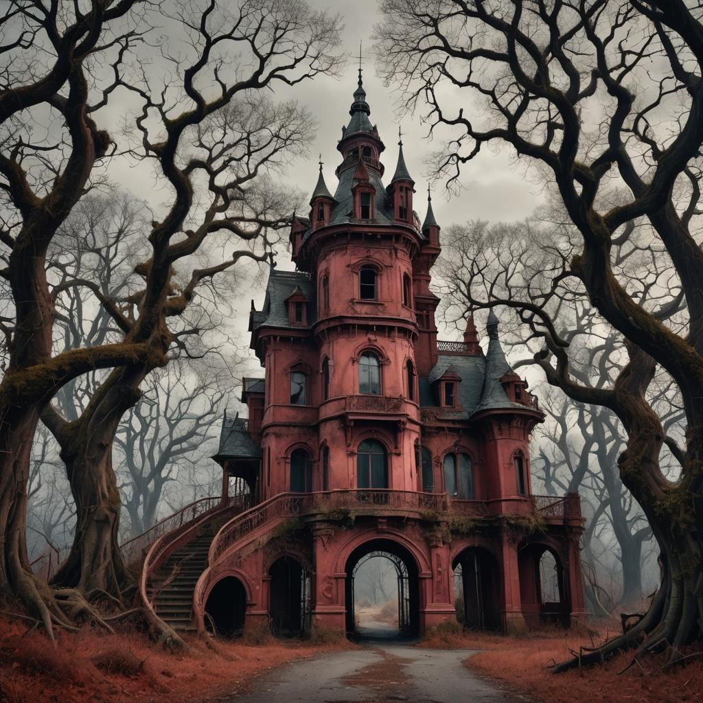 Eerie Crimson Mansion in Dark Academicism Style