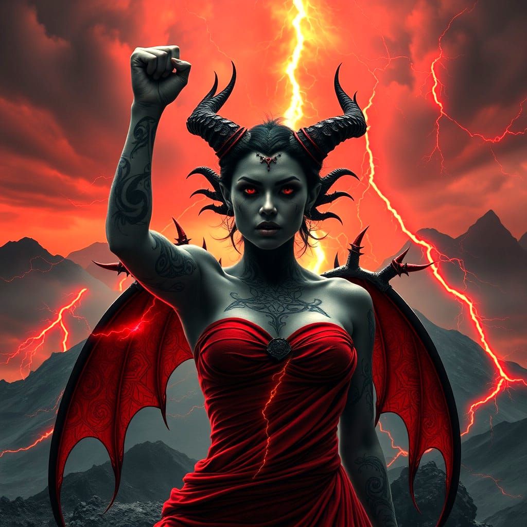 Victorious Volcanic Demon Woman in Dark Landscape