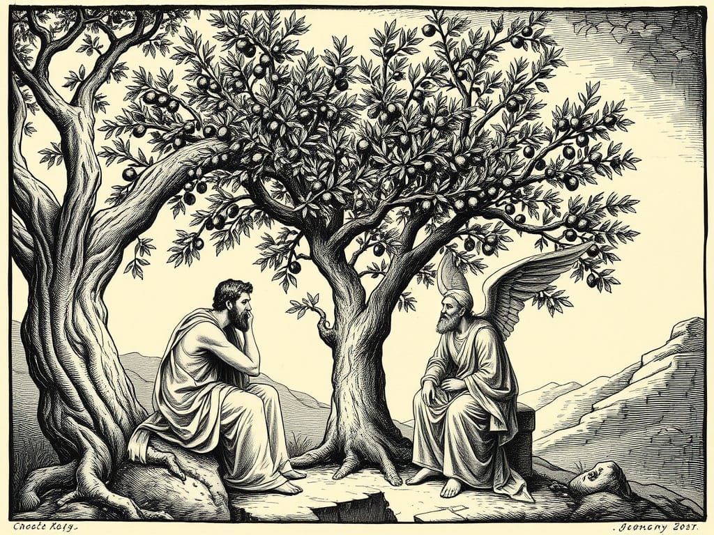 Men and Angel Under Olive Tree, Doré Style
