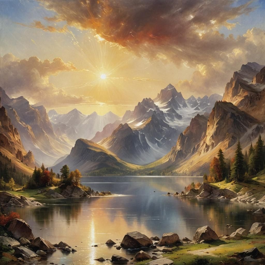 Sunlit Mountain Lake After Thomas Moran