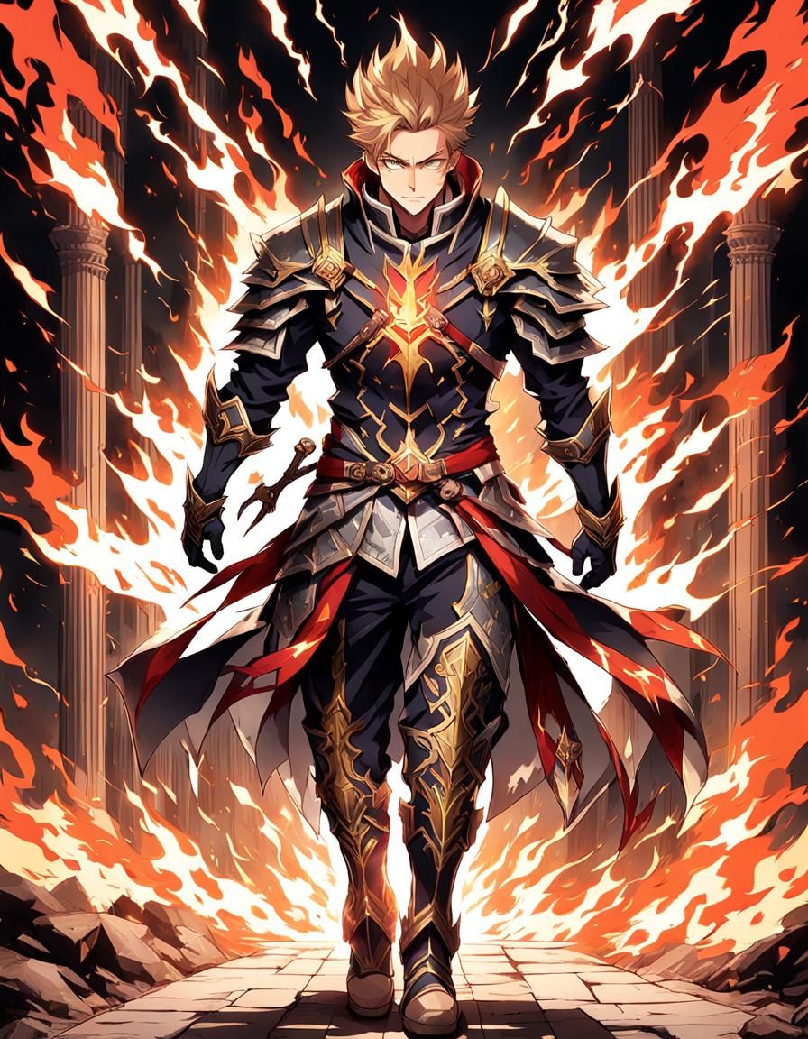 Isekai Anime Adventurer in Flame Armor
