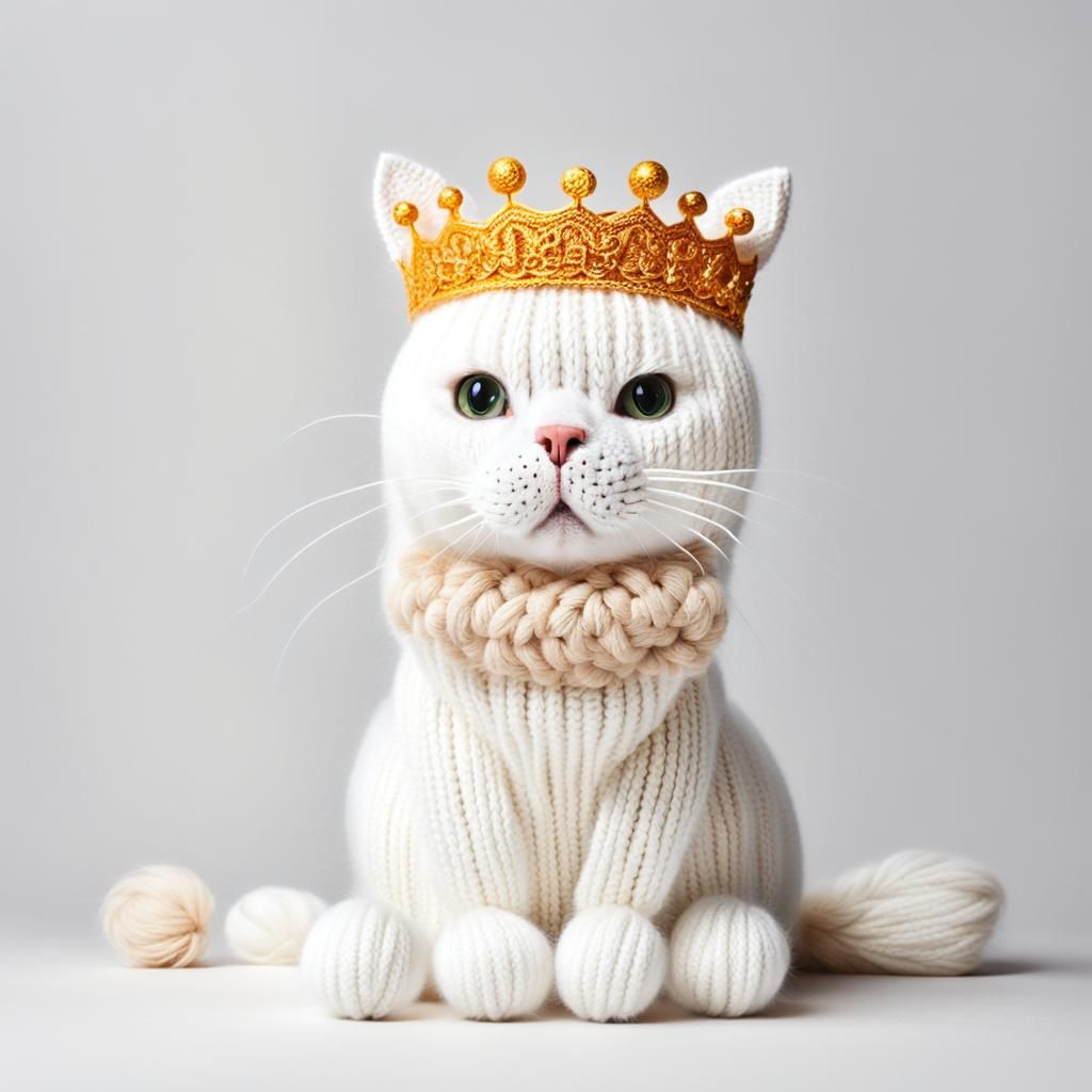 Knitted White Cat with Crown on White Background