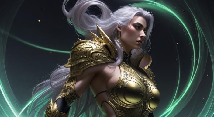 Serene Warrior Woman in Gold Armor: Surrealist Concept Art
