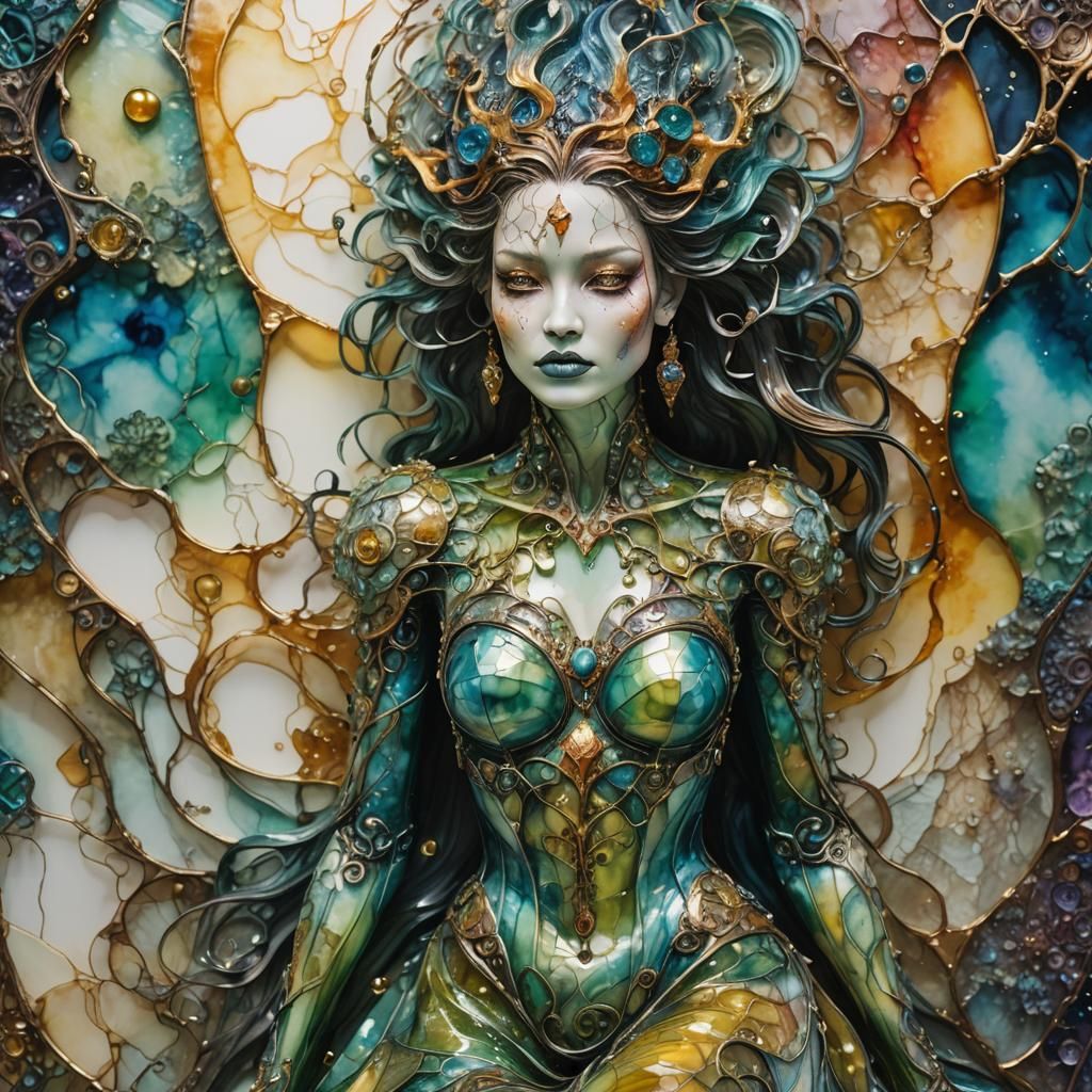 Surreal Metallic Sculpture with Watercolor Overlay