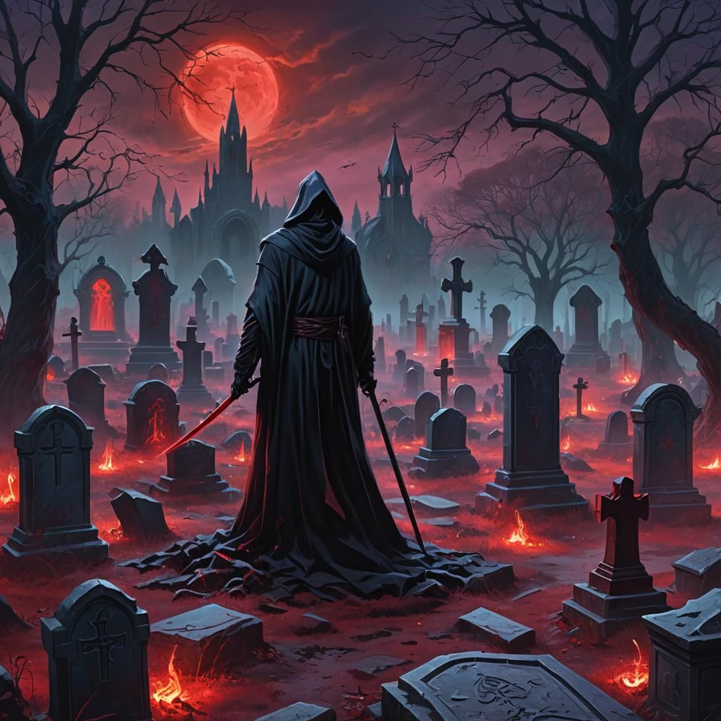 Grim Reaper in Crimson Graveyard: Grim Dark Concept Art