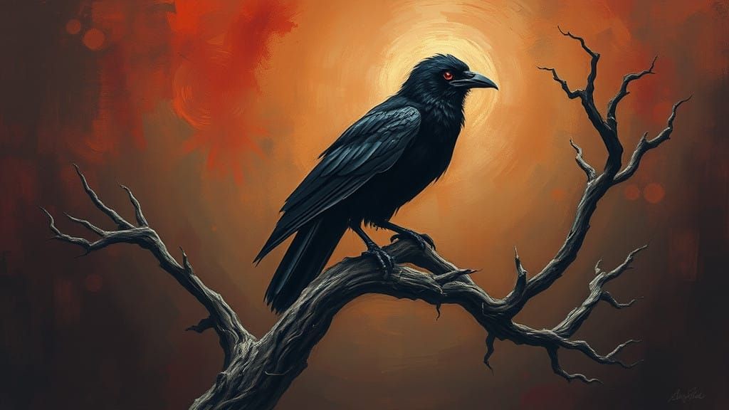 Mysterious Raven Perched on Twisted Tree Branch in Dark Symb...