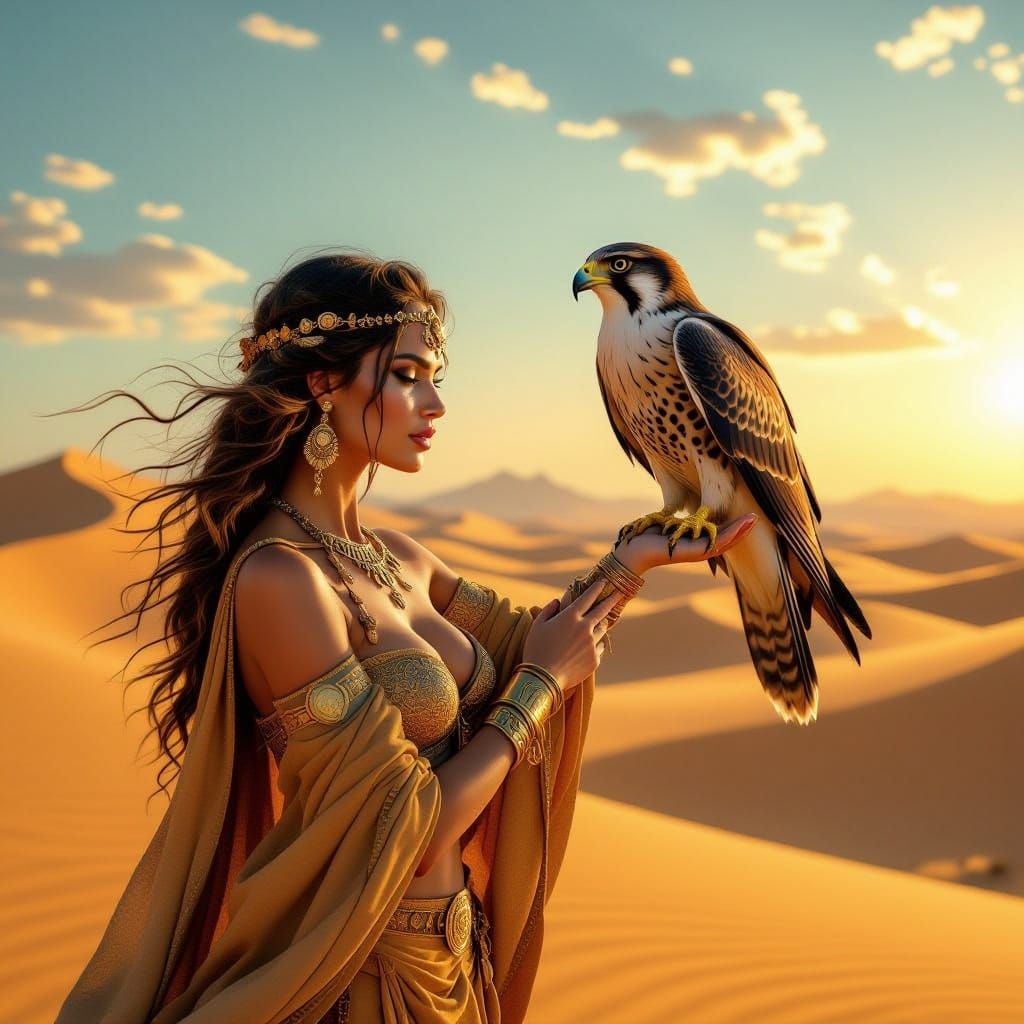 Desert Beast Mistress Enchants Majestic Falcon in Golden San...