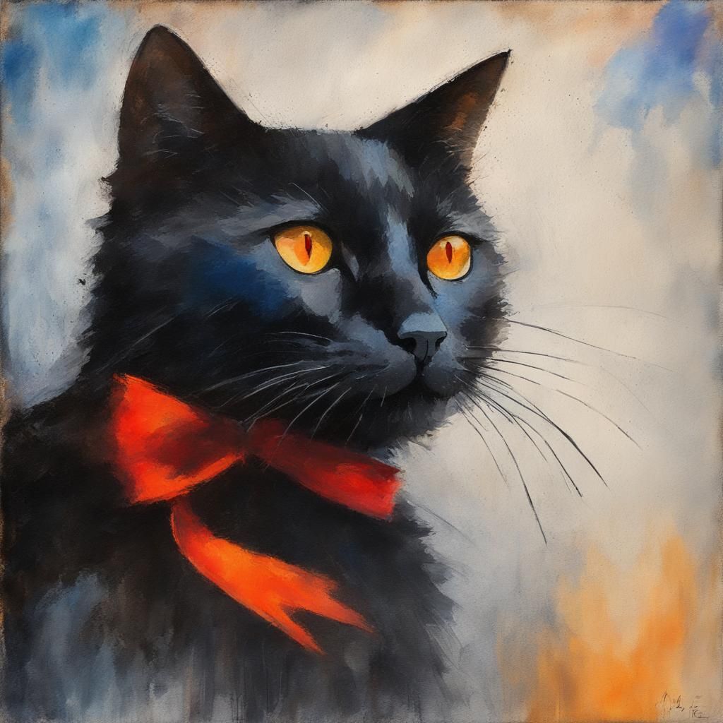 Impressionist Black Cat with Red Bow Watercolor