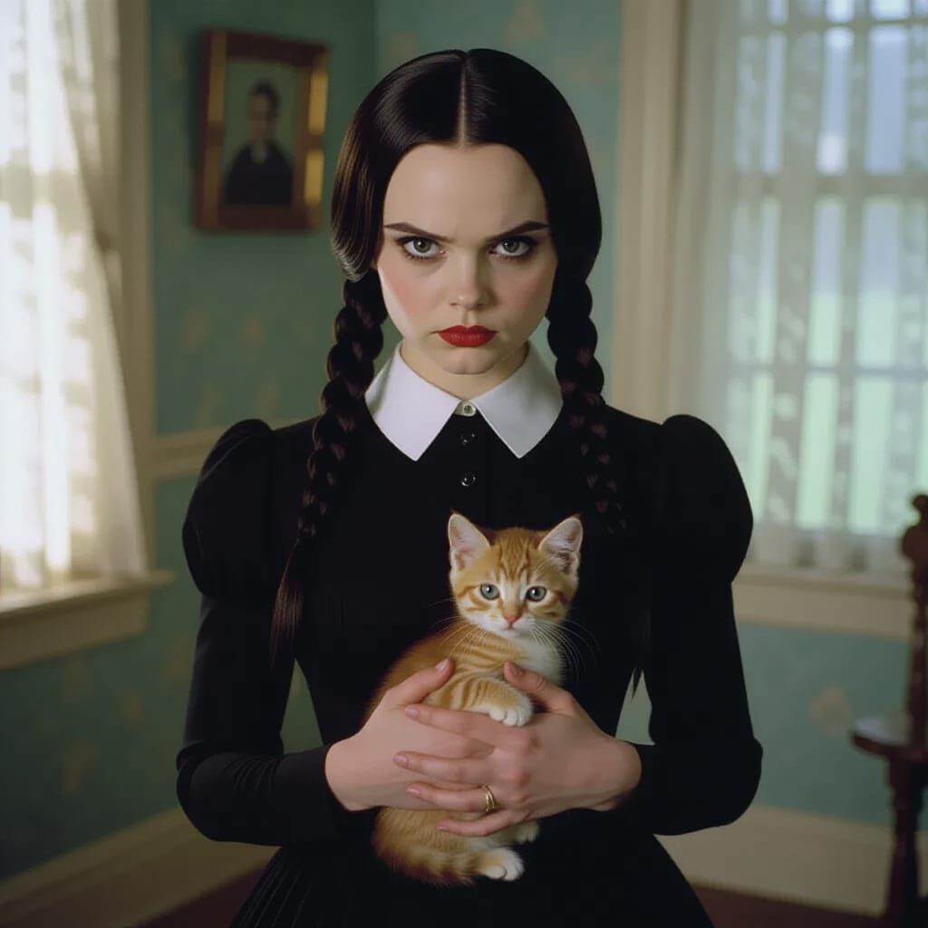 Wednesday Addams' Uncomfortable Gaze Holding Adorable Kitten