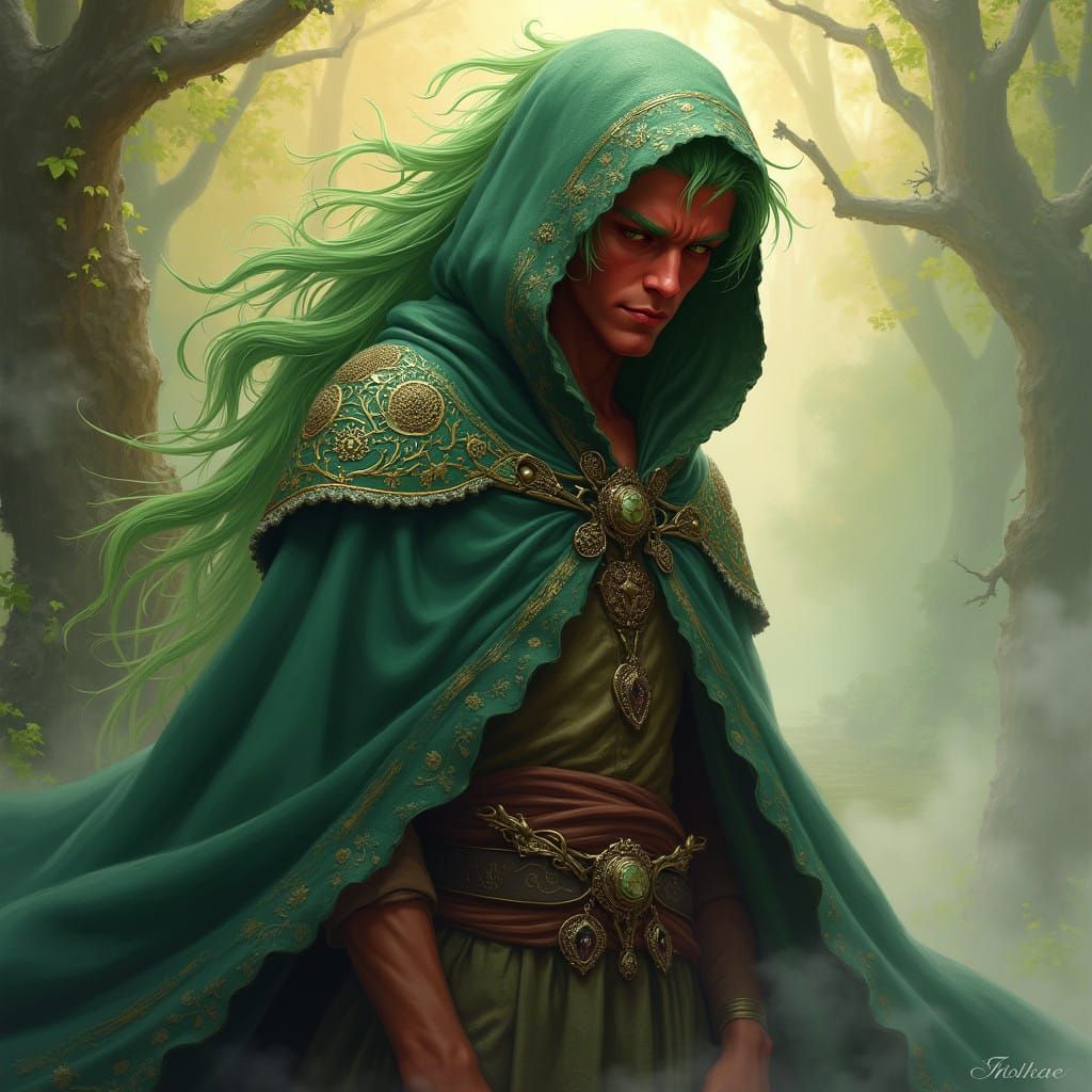 Sorcerer in Mystical Embroidered Cloak with Emerald Hair and...
