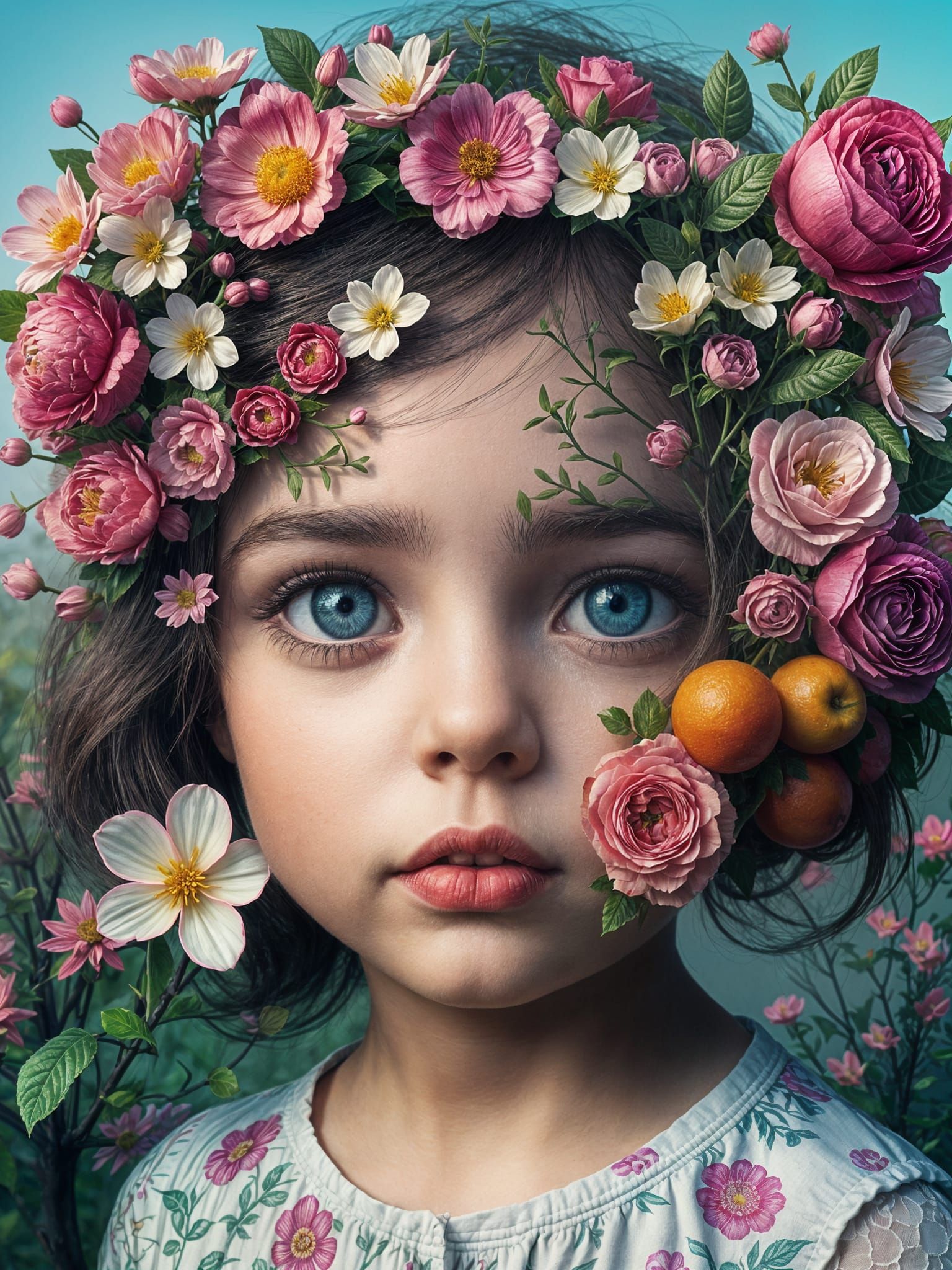 Vibrant Dreamlike Optical Illusion of a Girl's Face in Bloom...