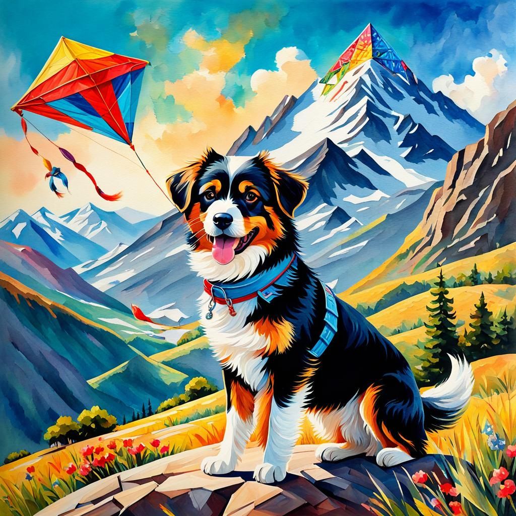 Dog with Kite: Gouache-Style Mountain Landscape