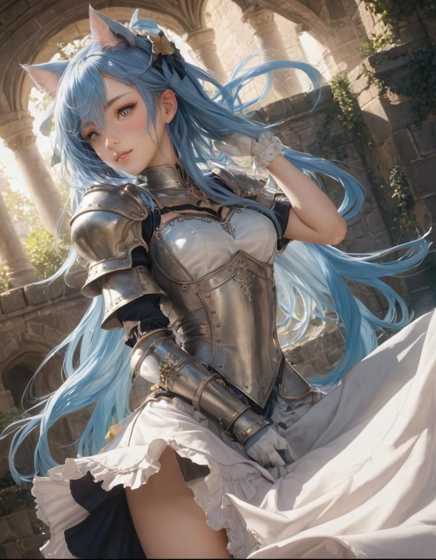 Aesthetic Catgirl in Windswept Castle Garden