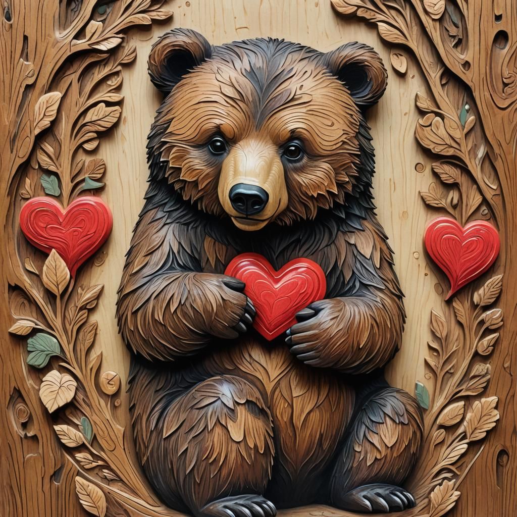Detailed Gouache: Wood Carving of Bear with Heart