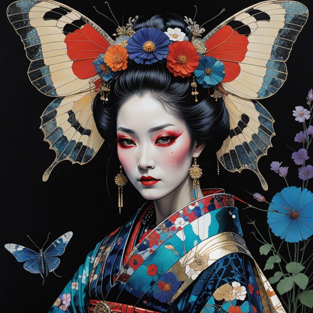 Beautiful graceful ((moth woman)) geisha by Harry Clarke, Agnes Cecile and Thomas Moran wearing clothes By Anna Sui agai...