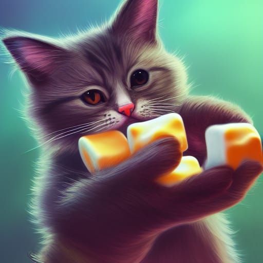 Cute Cat Enjoys Marshmallow: Detailed Fantasy Art