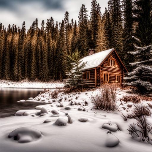 Icy Lake Cabin in Hyperrealistic Detail