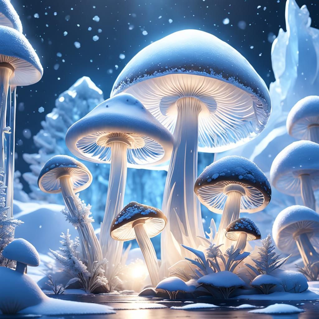 Icy Mushroom Sculptures Under Moonlight: Digital Art