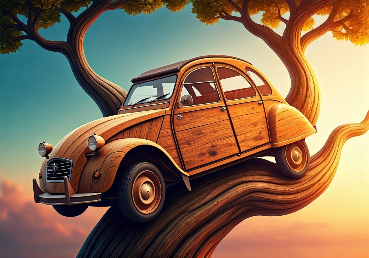 Wooden Citroën 2CV in a Whimsical Tree Landscape