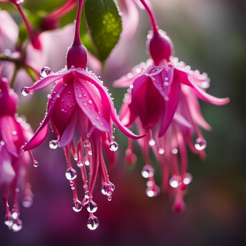 Dew-Kissed Fuchsias: A Photorealistic Macro Image