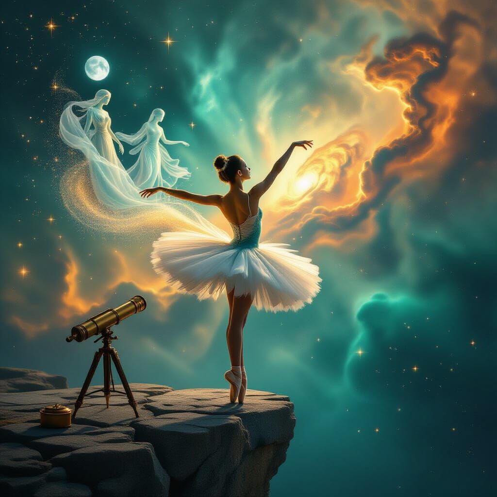 Ballerina Merges with Cosmic Nebula in Surreal Gouache