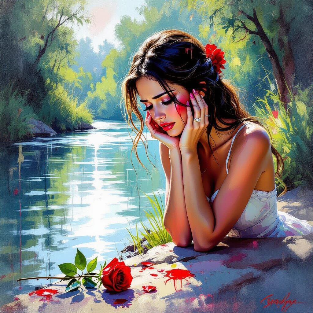 Sorrowful Woman Gazes at Rose on Riverbank in Graffiti Art S...