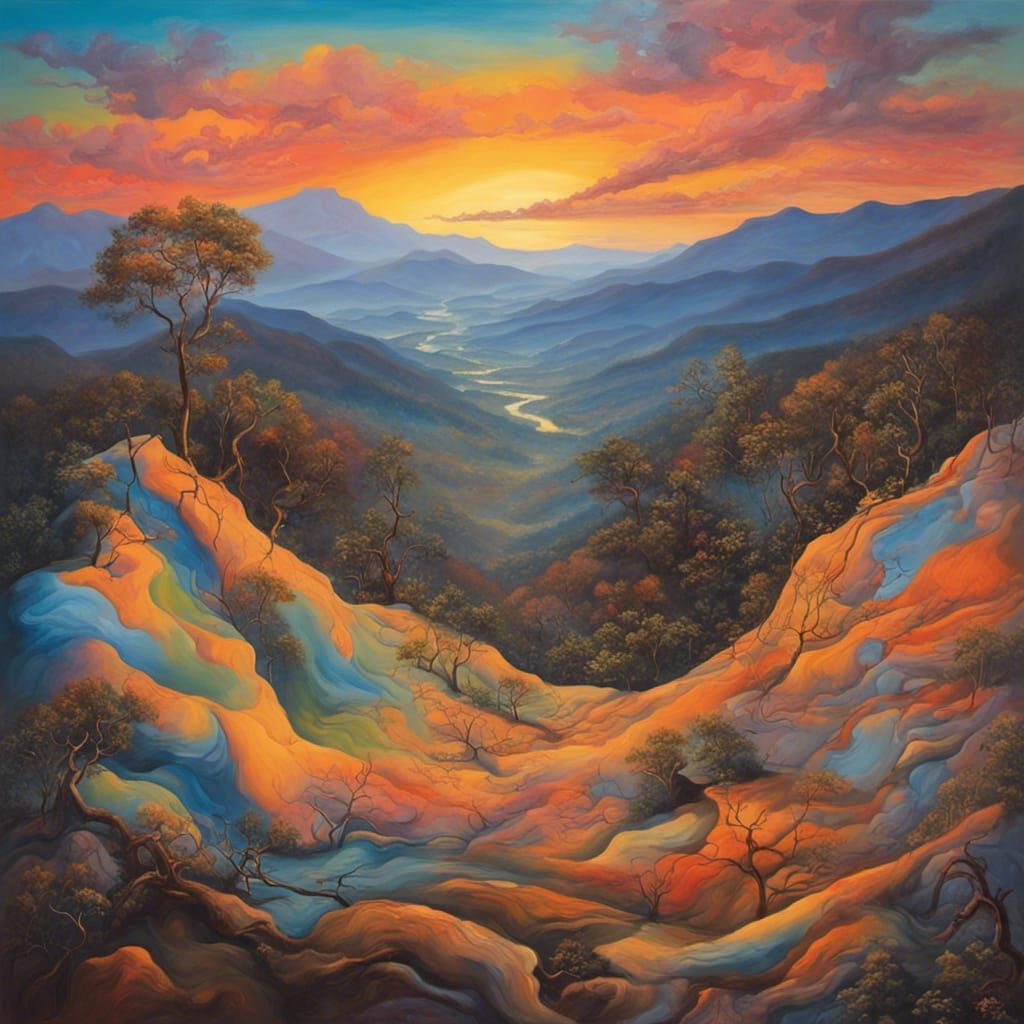 Surreal Blue Ridge Sunset in Melting Oil Style