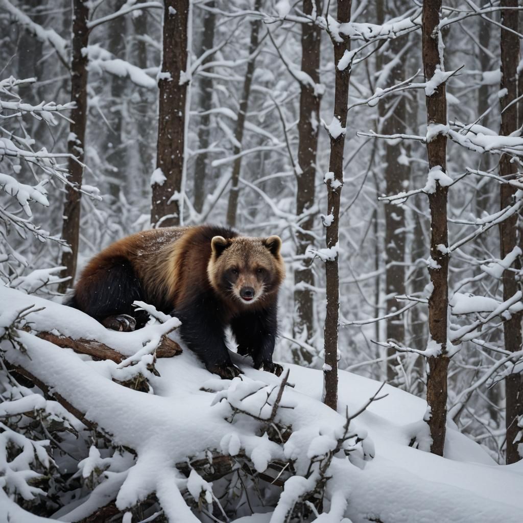 Wolverine Resting in Snowy Forest