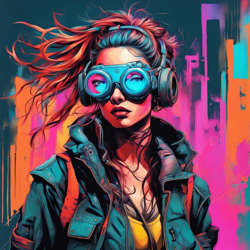 Cyberpunk Girl with Tech Goggles in Abstract Style