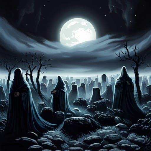 White Ghosts in Graveyard at Night in Horror Style