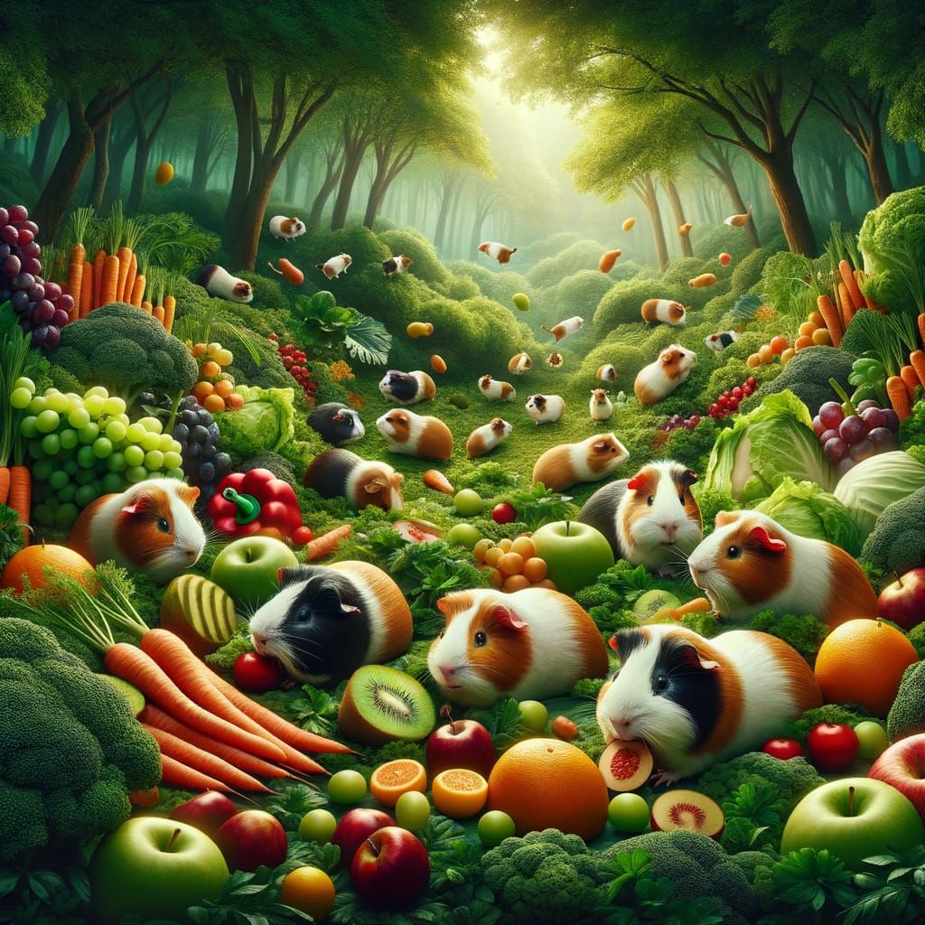 Guinea Pigs Playing in a Vibrant Fantasy Forest