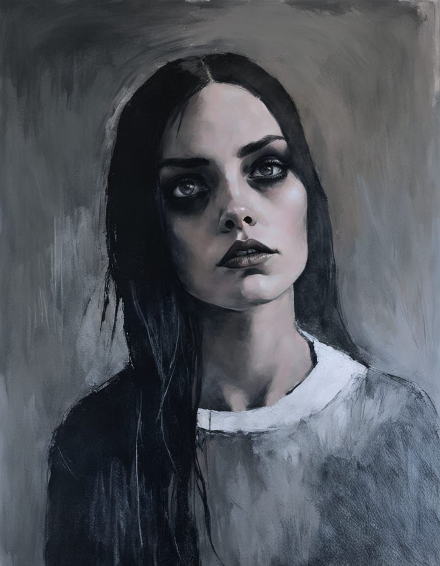 Goth Girl Portrait in Style of Organic Line Drawing