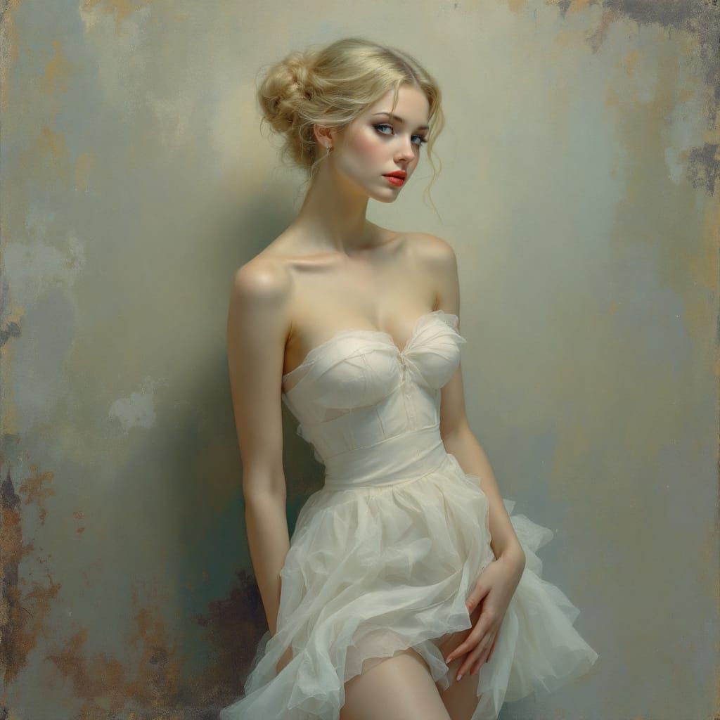 1950s Pin-Up Woman in Gauzy Dress, Tonalist Style