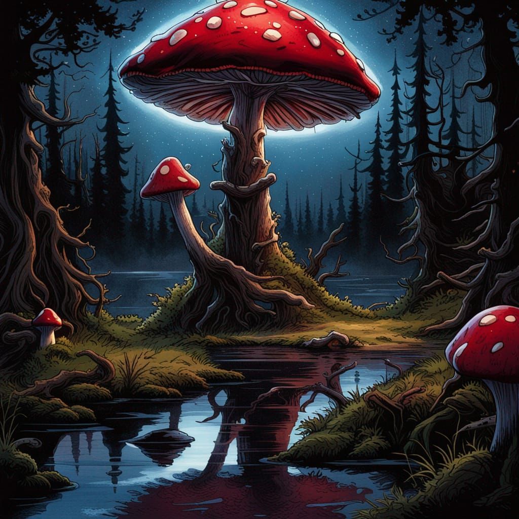Gothic Horror Toadstool Under Starry Sky