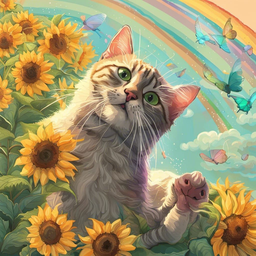 Cat Spitting Rainbow and Sunflowers: Digital Drawing