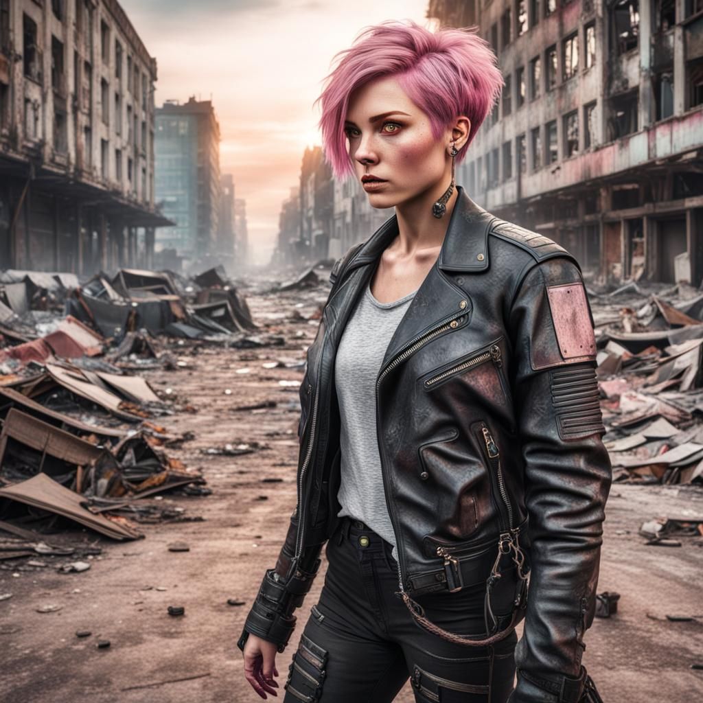Teenage girl with short pink hair in leather jacket walks through postapocalyptic city on sunrise