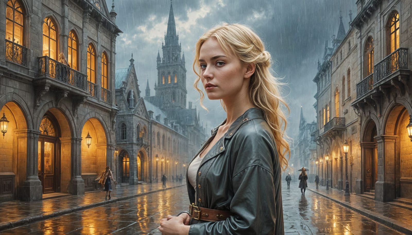 Steampunk Woman in Rainy Gothic City, Oil Painting