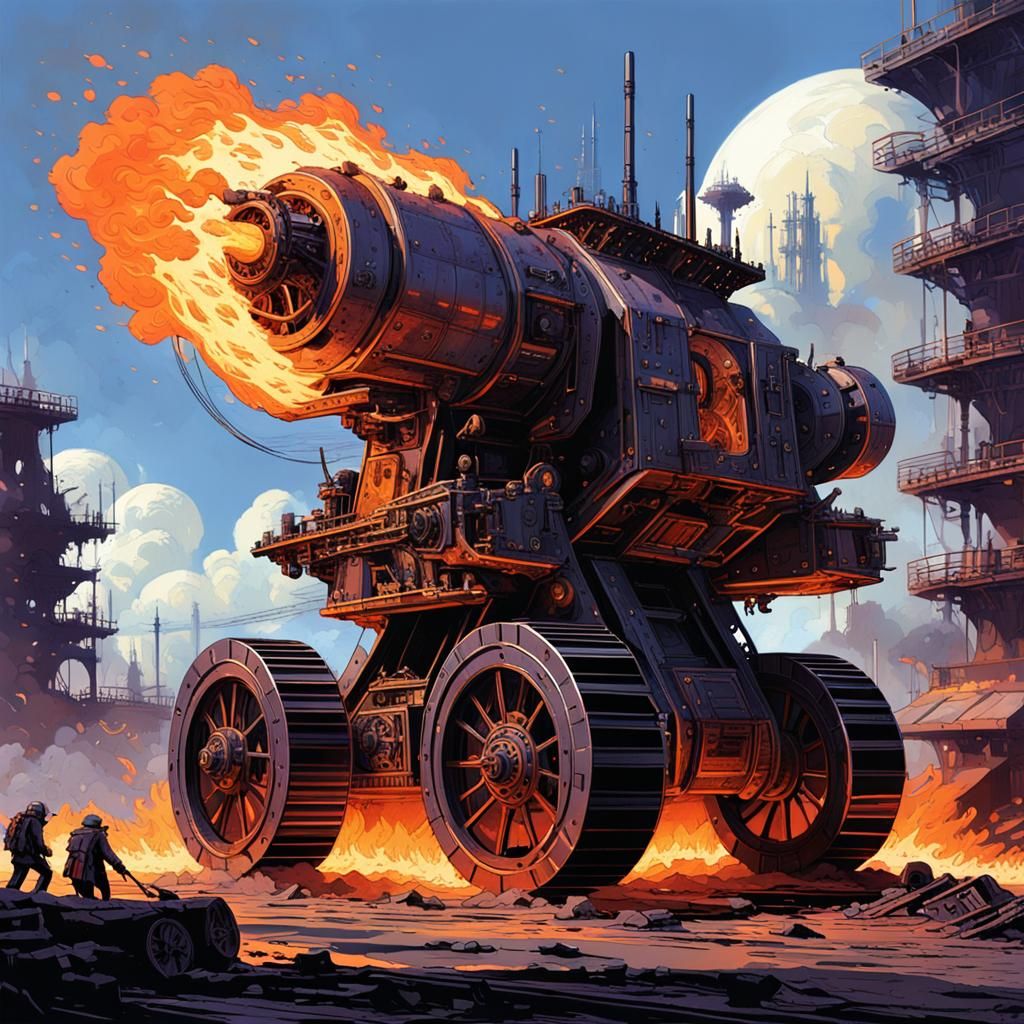 Fiery Siege Engine in a Post-Apocalyptic Wasteland