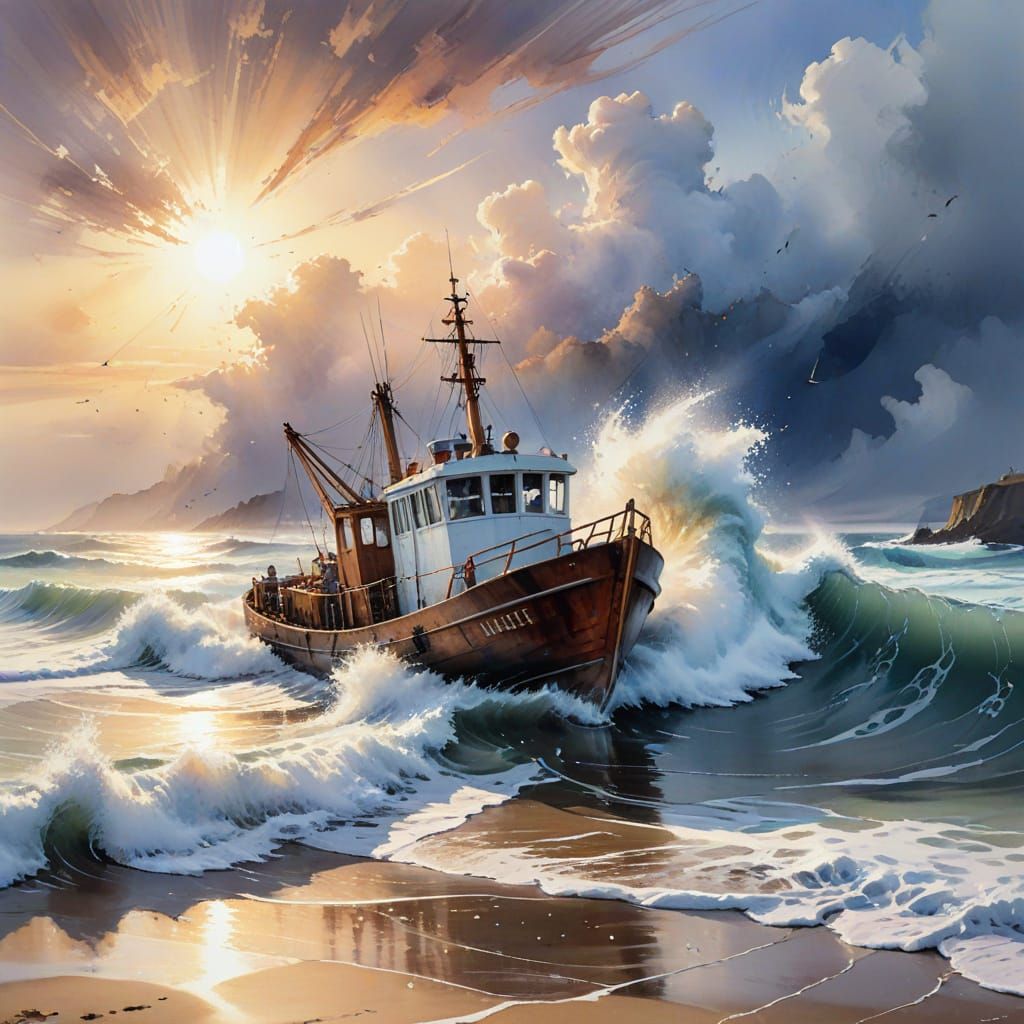 Trawler Approaches Beach in Expressive Watercolour Style
