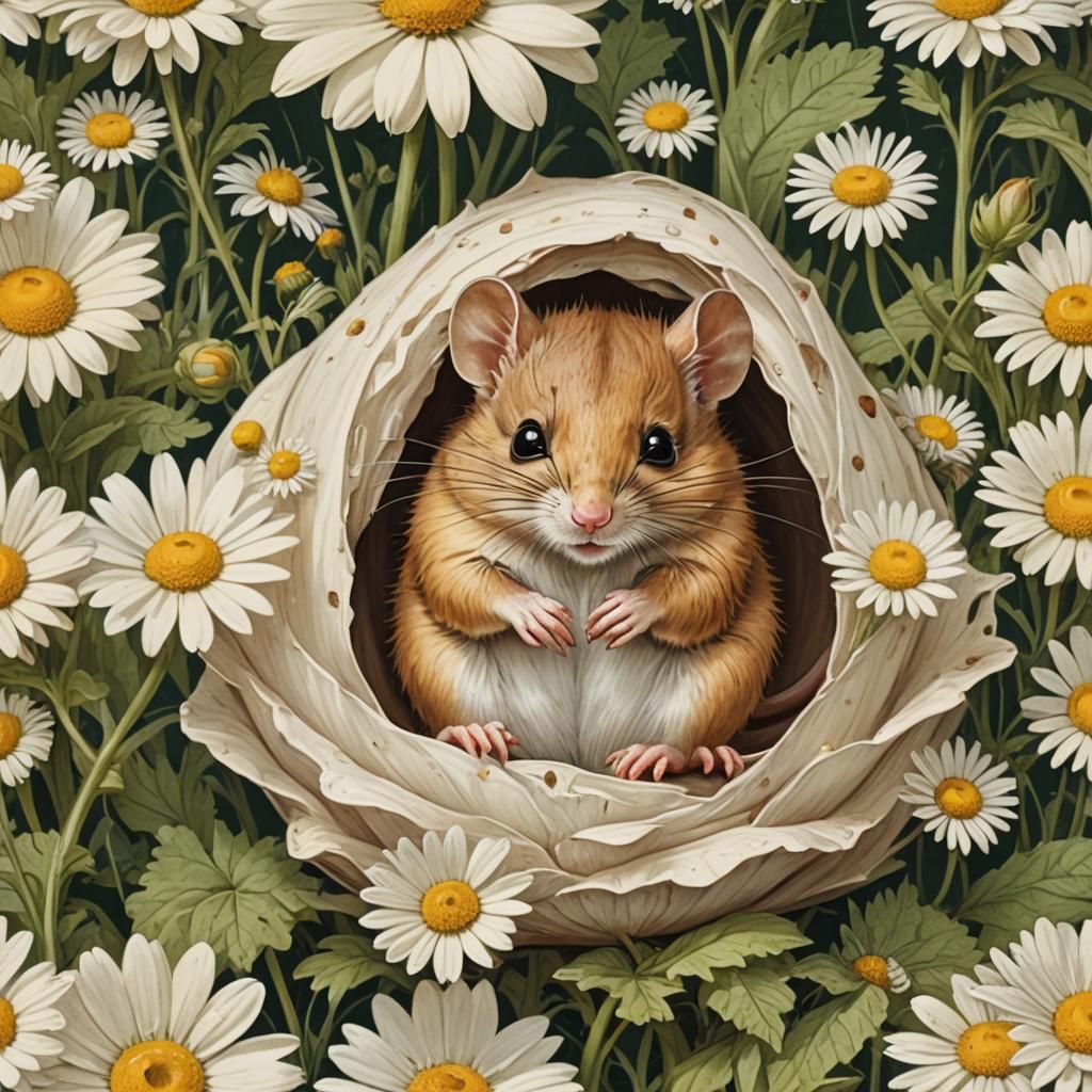 Dormouse Snuggled in Daisy: Storybook Illustration