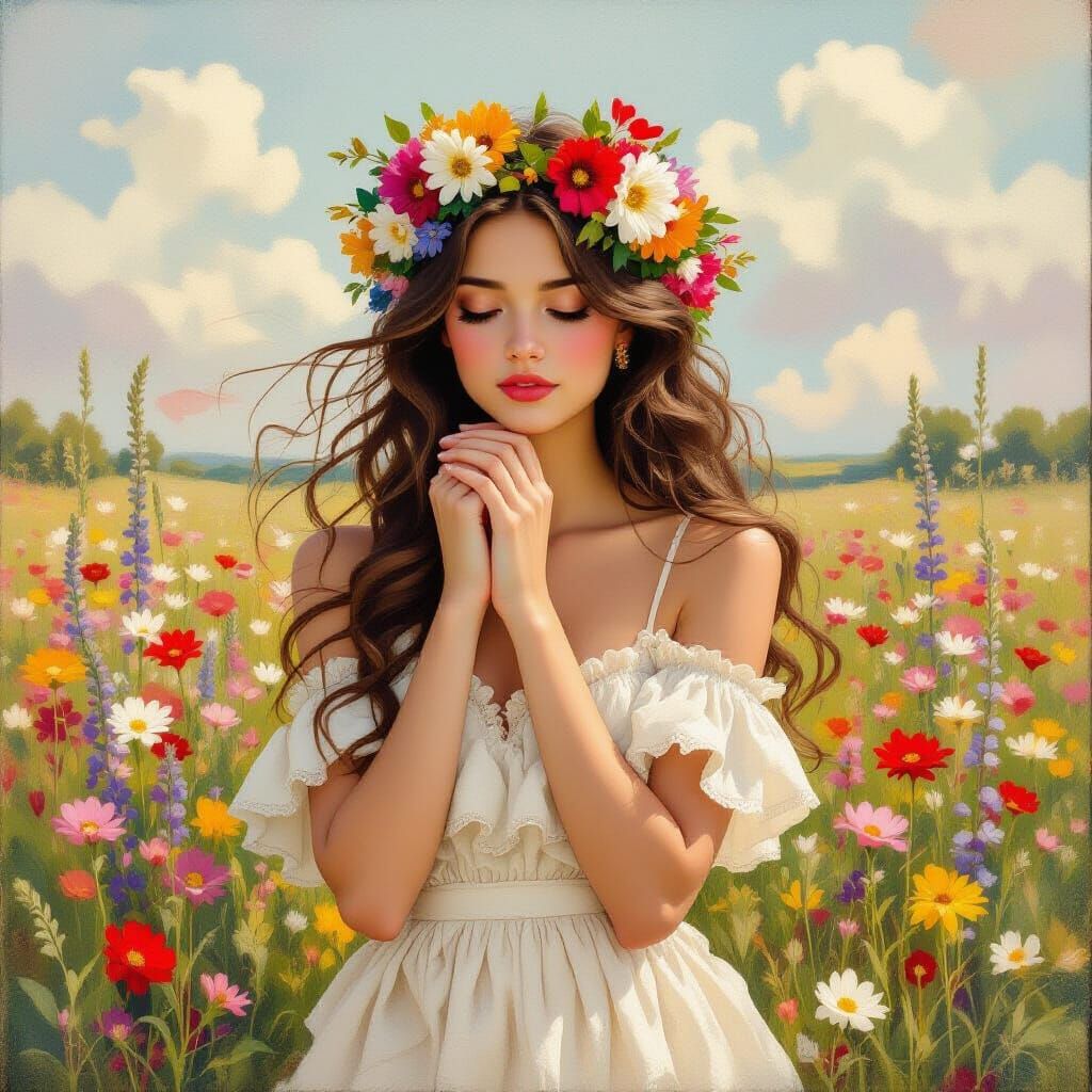 Woman with Floral Crown in Art Nouveau Style