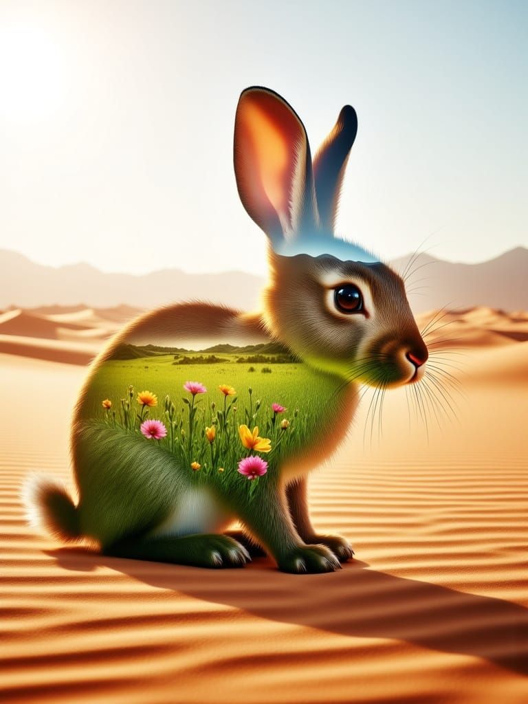 Double Exposure Rabbit in Desert and Meadow