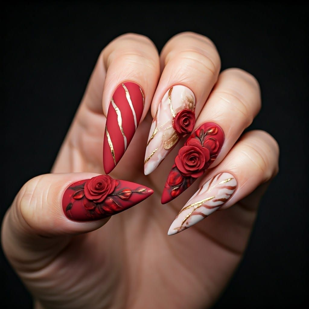Bold Red and White Tiger Nail Art with Floral Accents