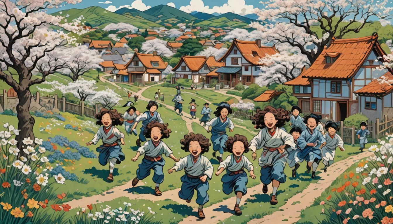 Children Playing in Sunny Village Meadow: Japanese Art Style