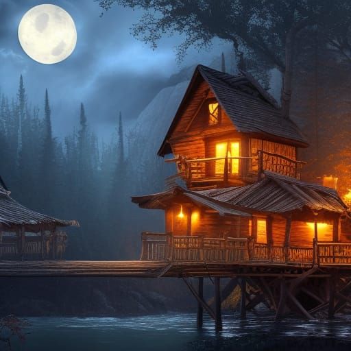 Cozy Cabin with Banana Bridge in Halloween Moonlight